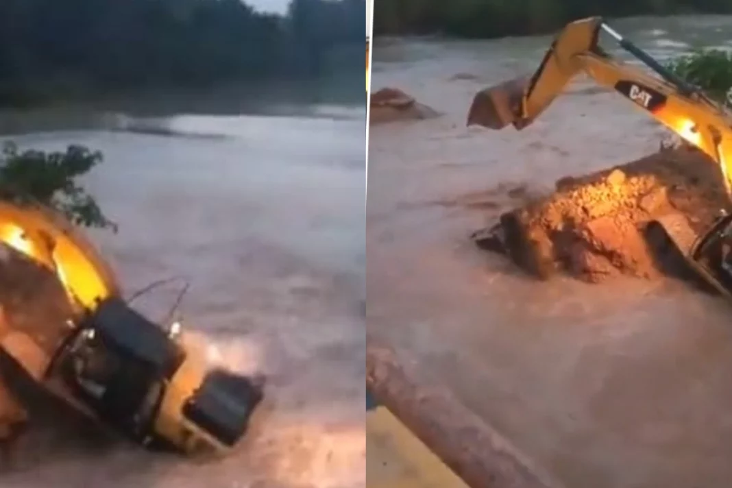 Viral Video Terrifying! Bulldozer drowns with the bridge it was demolishing; Driver narrowly escapes death
