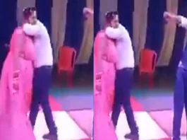Couple Viral Video: Romantic moment gone wrong ! Man tries to lift his wife on dance stage but left everyone giggling