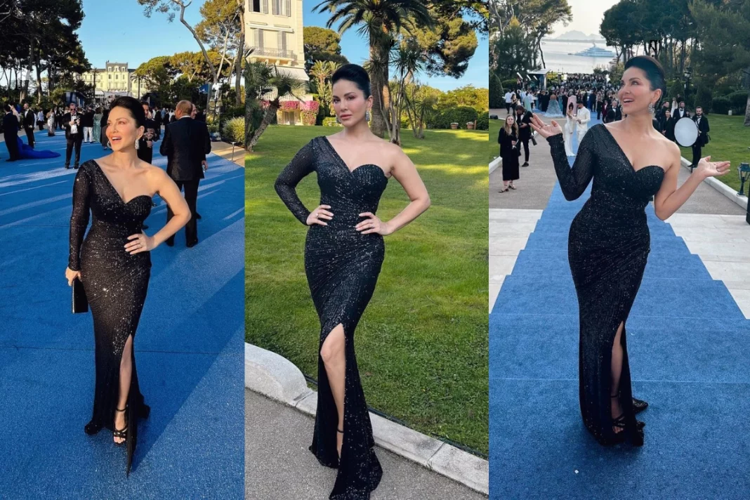 Sunny leone stuns in a thigh high slit black gown