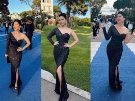 Sunny leone stuns in a thigh high slit black gown