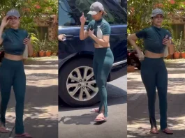 The stunning star was captured by photographers as she stepped out of her car turquoise cropped top paired with jeggings and a cap