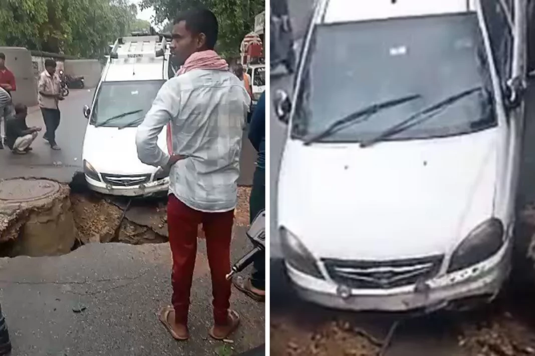 Lucknow: Car gets stuck in a huge sinkhole, driver narrowly escapes, see for yourself