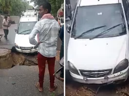 Lucknow: Car gets stuck in a huge sinkhole, driver narrowly escapes, see for yourself