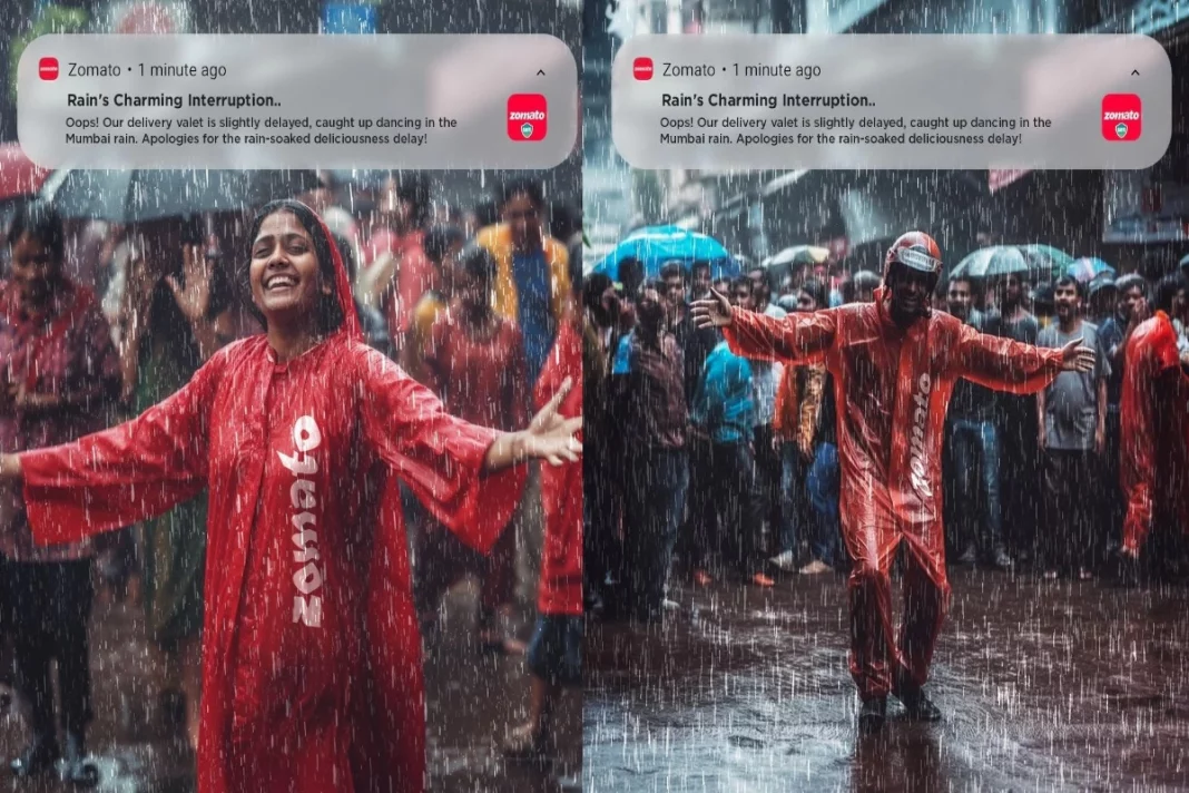 In AI generated images, delivery agents can be seen enjoying the rains