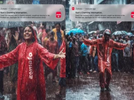 In AI generated images, delivery agents can be seen enjoying the rains