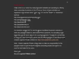Jawa Motorcycles issues notice regarding fake websites offering dealerships & products in lieu of money, Do Read before you buy