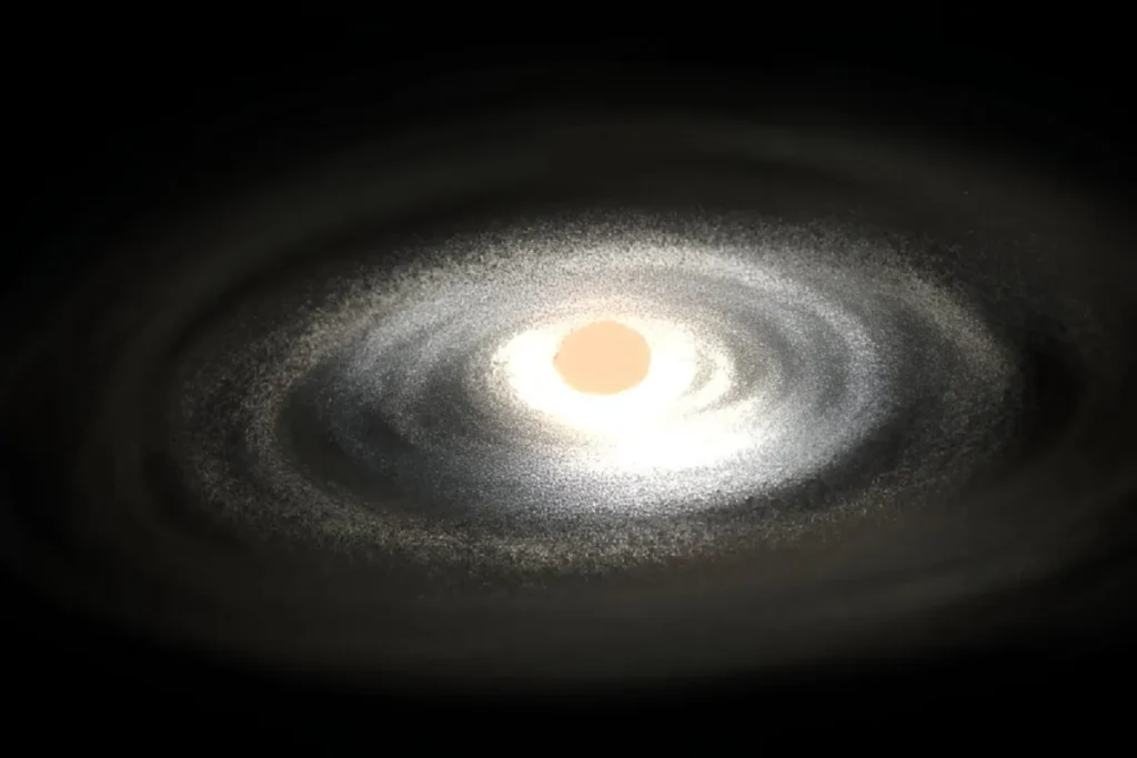 An artist's depiction of an eruption within the matter disk surrounding a newly formed star.






