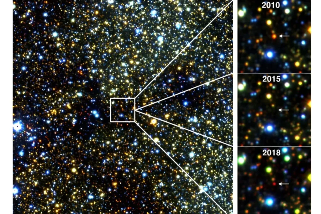 Infrared images from the University of Hertfordshire reveal a red giant star, about 30,000 light years away near the Milky Way's center, fading and then reappearing over several years.





