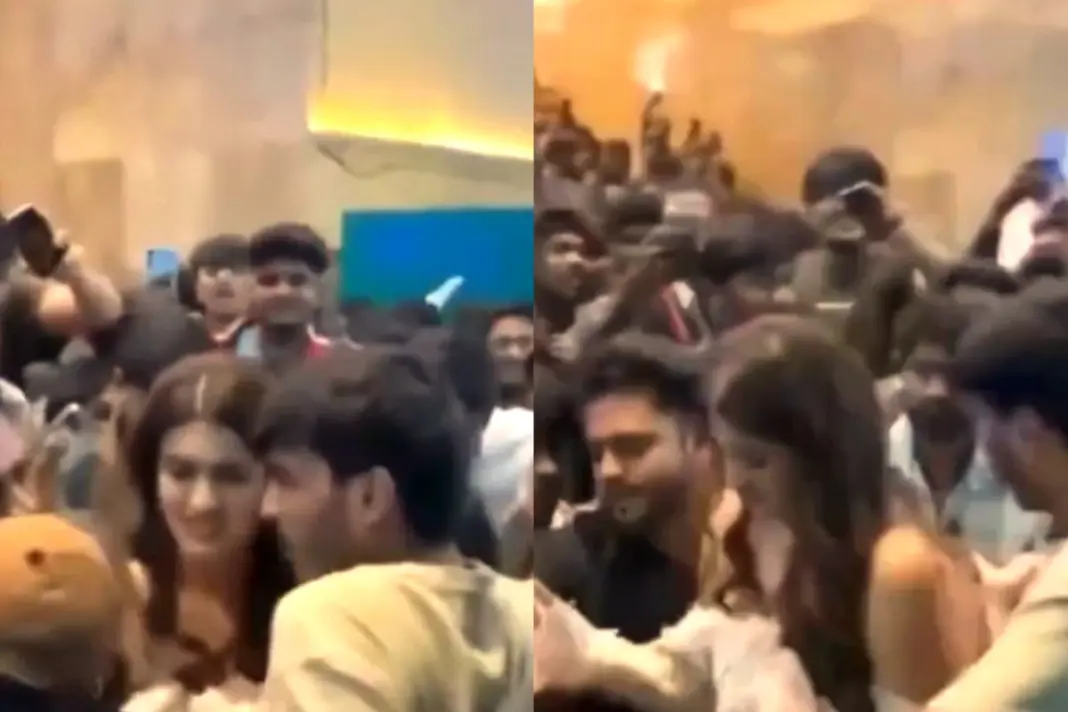 Nidhi Agarwal mobbed at The Raja Saab event in Hyderabad