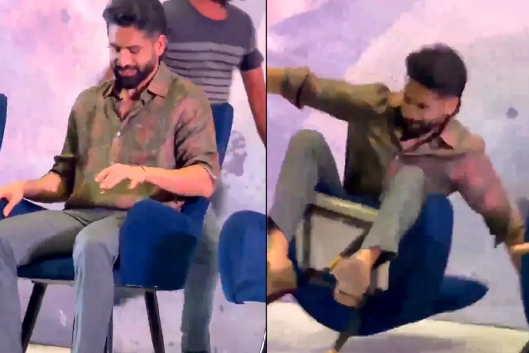 Naga Chaitanya Viral Video Actor Falls Off Chair At Vrushakarma Glimpse Launch Event
